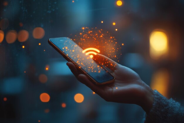 Networking 16 hand holding smartphone with glowing wifi icon screen background 70898 16902